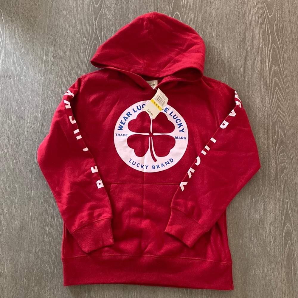 Lucky Brand Youth Red Graphic Pullover Hoodie Clover Spellout Sleeve Size M NWT
